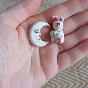 Miniature Handmade Polymer Clay Easter Bunny and Crescent Moon Figurines